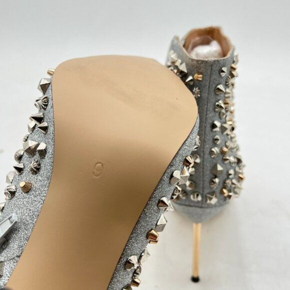 FSJ Silver High Heel Ankle Boots Rivets Closed Pointed Toe Stilettos Zipper Shoe - Picture 5 of 8